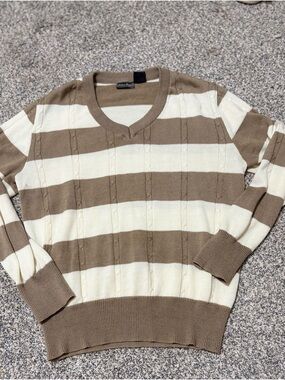 Striped V-Neck Sweater in Cream and Tan — Lightweight Knit